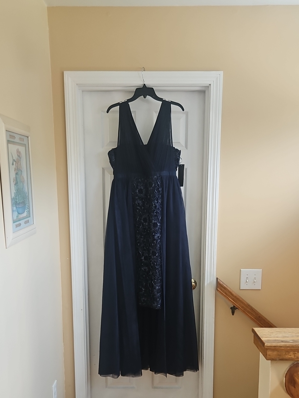 Aidan Mattox Navy V-Neck Maxi Gown with Embellished Center Panel